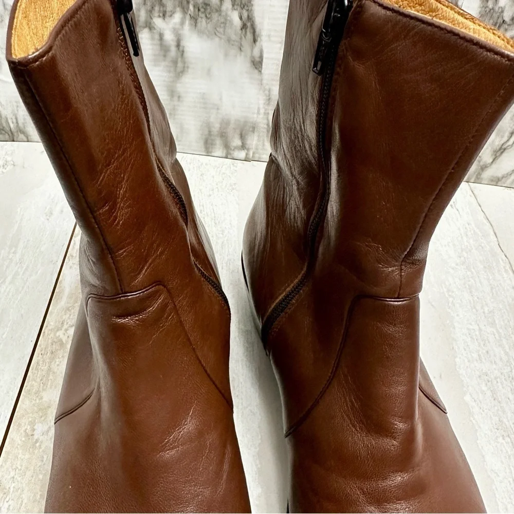 Men Classic Warm Brown Leather Resoled Office Side Zip Dress Boots Stacked Heel